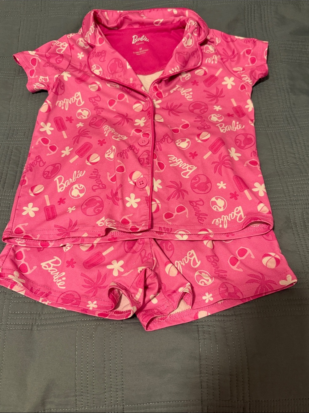Barbie Bright Pink Short Sleeve Pajama Set with Fun Summer Prints 5T